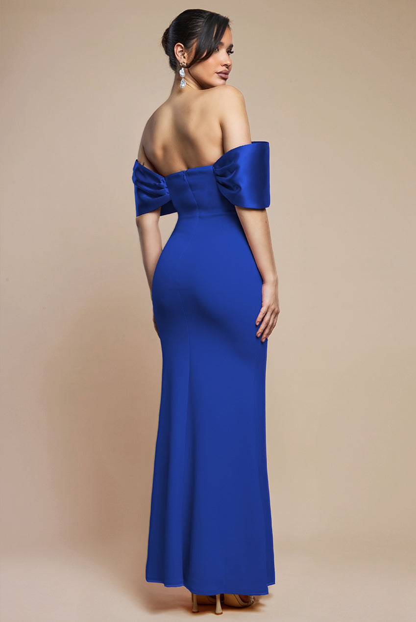 Twist Knot Satin & Scuba Bardot Maxi Dress - Royal Blue DR4575