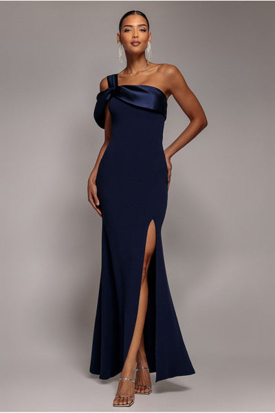 Satin Twist One Shoulder Maxi Dress - Navy Blue by Goddiva