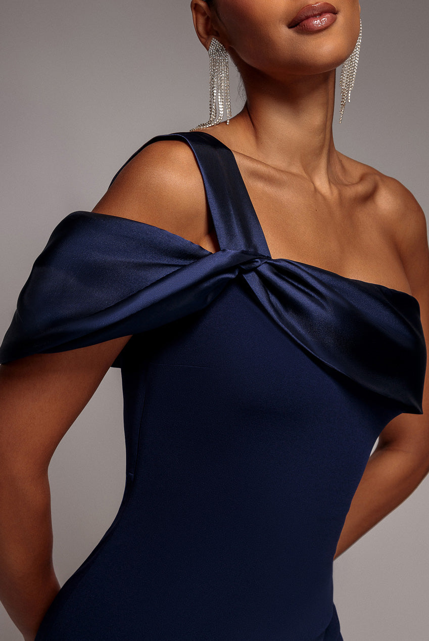 Satin Twist One Shoulder Maxi Dress - Navy Blue DR4576QZ