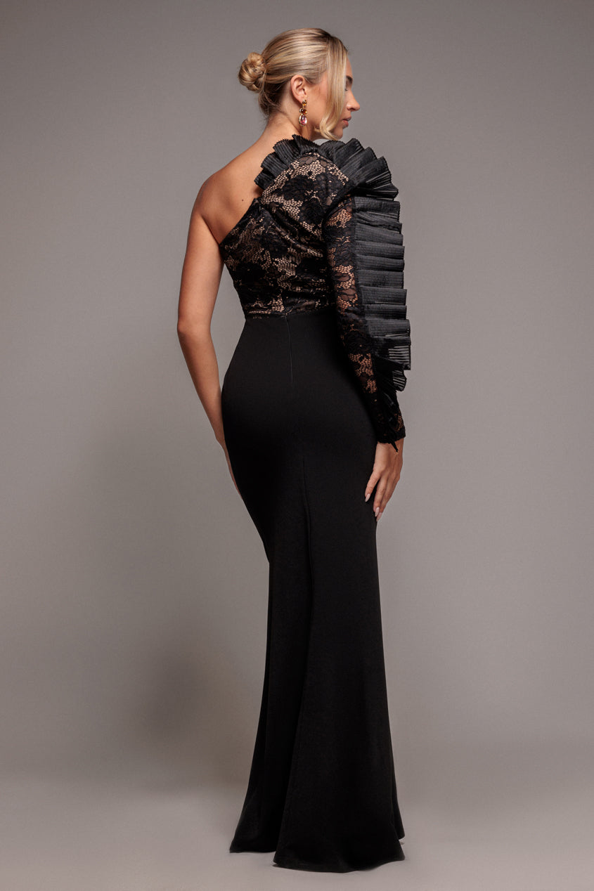 One Shoulder Organza  Fan Detail Lace Bodice Maxi Dress - Black DR4577