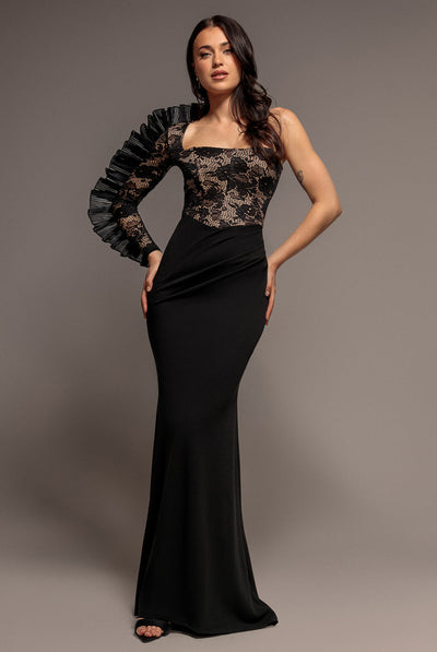 One Shoulder Organza  Fan Detail Lace Bodice Maxi Dress - Black by Goddiva