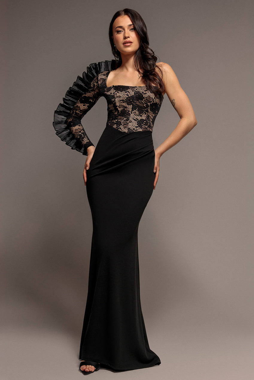 One Shoulder Organza  Fan Detail Lace Bodice Maxi Dress - Black DR4577