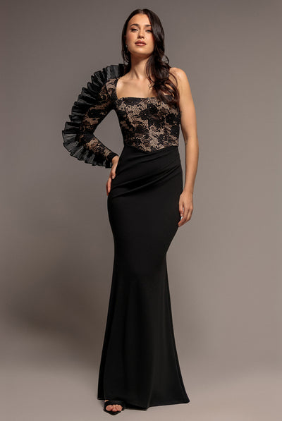 Black - One Shoulder Organza  Fan Detail Lace Bodice Maxi Dress - Black by Goddiva