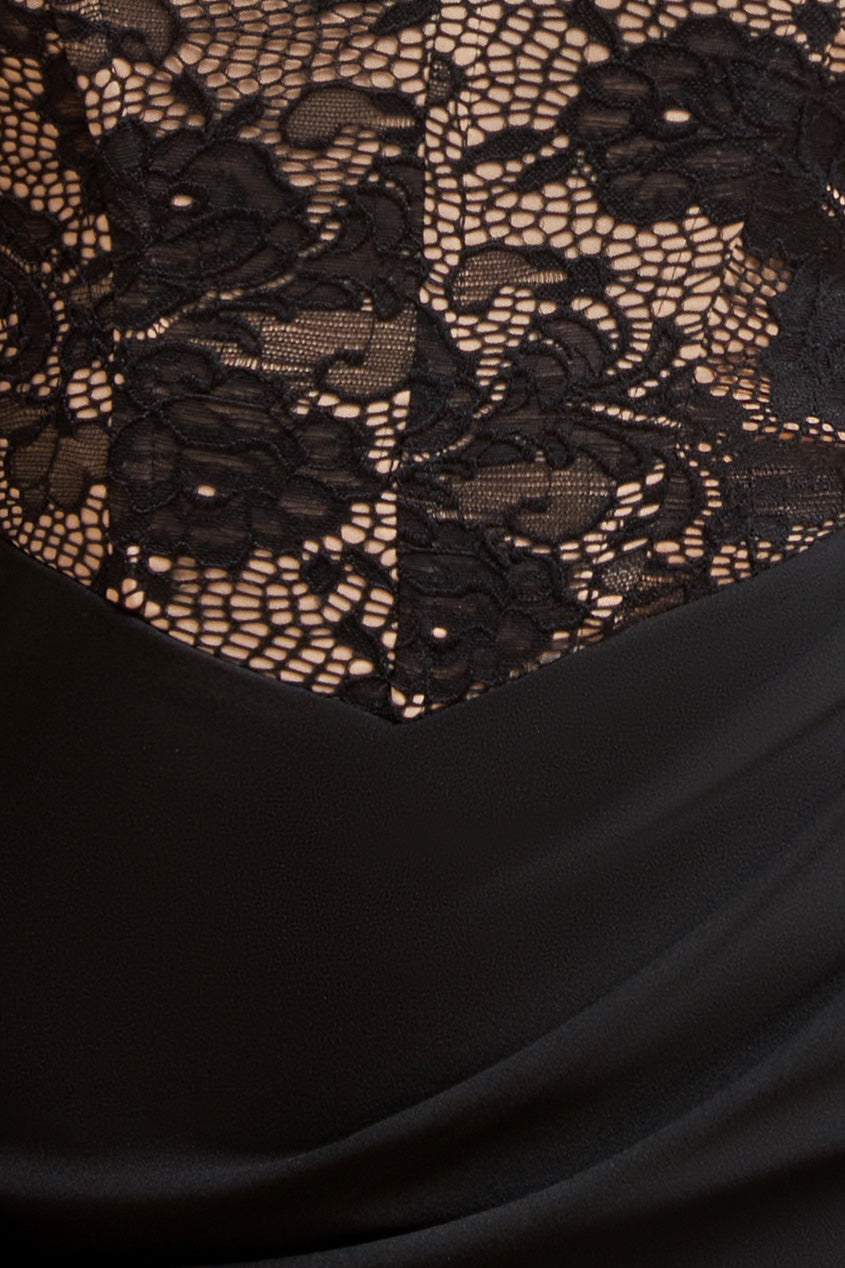 One Shoulder Organza  Fan Detail Lace Bodice Maxi Dress - Black DR4577