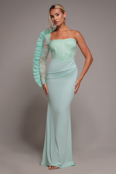 Mint - One Shoulder Organza  Fan Detail Lace Bodice Maxi Dress - Mint Green by Goddiva