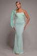 One Shoulder Organza  Fan Detail Lace Bodice Maxi Dress - Mint Green by Goddiva