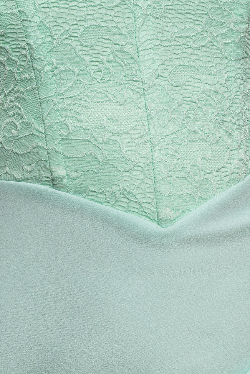 One Shoulder Organza  Fan Detail Lace Bodice Maxi Dress - Mint Green DR4577