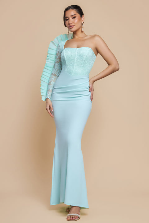 One Shoulder Organza  Fan Detail Lace Bodice Maxi Dress - Mint Green by Goddiva