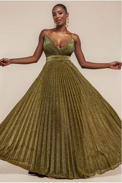 Gold - Sleeveless Pleated A Line Lurex Maxi Dress - Gold by Goddiva