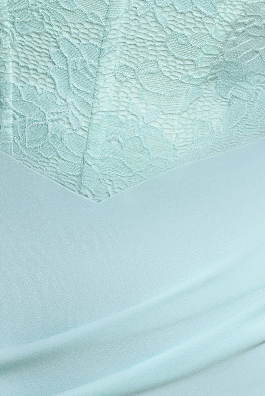 One Shoulder Organza  Fan Detail Lace Bodice Maxi Dress - Mint Green DR4577