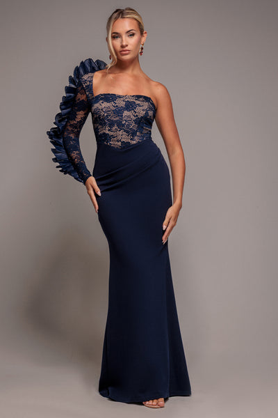 One Shoulder Organza  Fan Detail Lace Bodice Maxi Dress - Navy Blue by Goddiva
