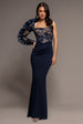 One Shoulder Organza  Fan Detail Lace Bodice Maxi Dress - Navy Blue by Goddiva