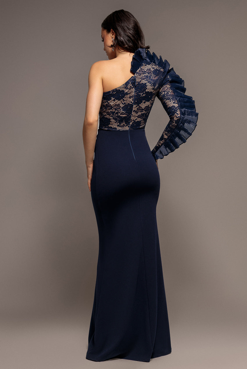 One Shoulder Organza  Fan Detail Lace Bodice Maxi Dress - Navy Blue DR4577