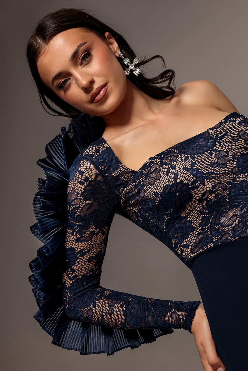 One Shoulder Organza  Fan Detail Lace Bodice Maxi Dress - Navy Blue DR4577