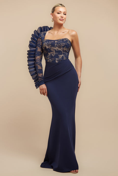 Goddiva One Shoulder Organza  Fan Detail Lace Bodice Maxi Dress - Navy Blue