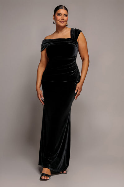 Velvet Pleated One Off Shoulder Maxi Dress - Black by Goddiva Plus