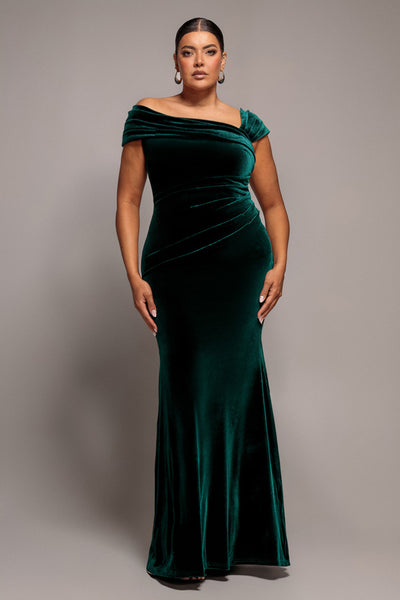Emerald Green - Velvet Pleated One Off Shoulder Maxi Dress - Emerald Green by Goddiva Plus
