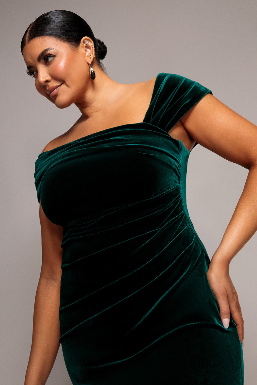Velvet Pleated One Off Shoulder Maxi Dress - Emerald Green DR4578PLUS