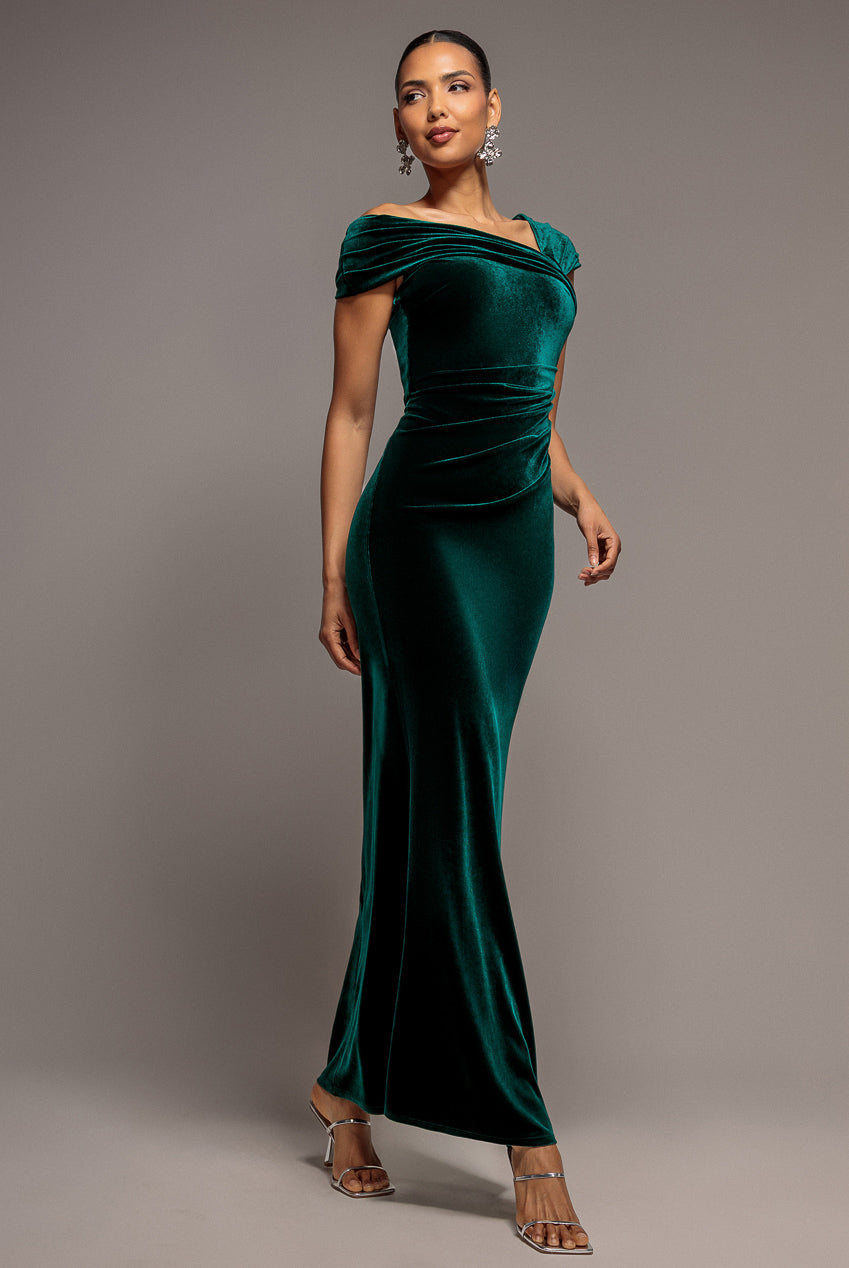 One Shoulder Velvet Maxi Dress - Emerald Green DR4578