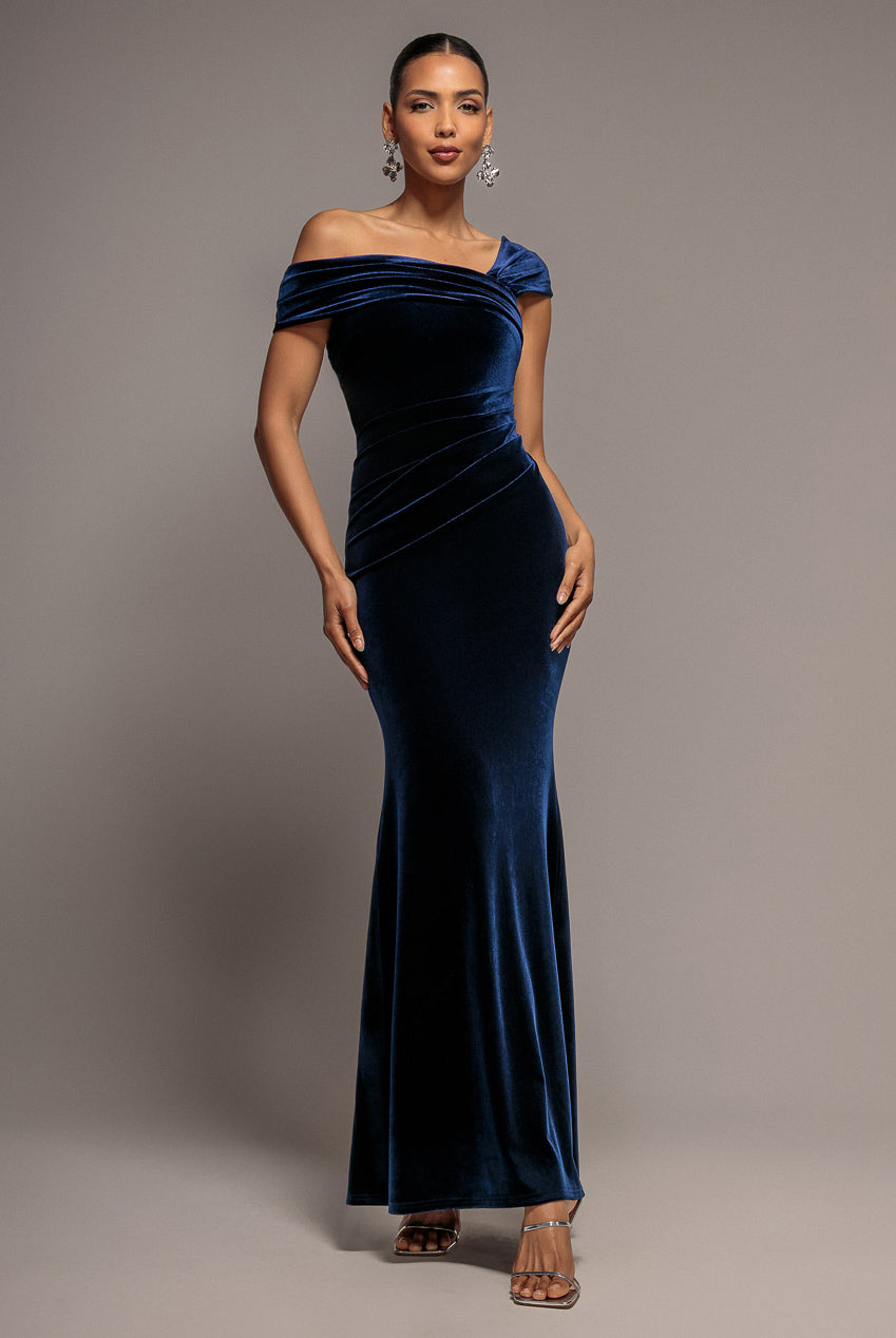 One Shoulder Velvet Maxi Dress - Navy DR4578