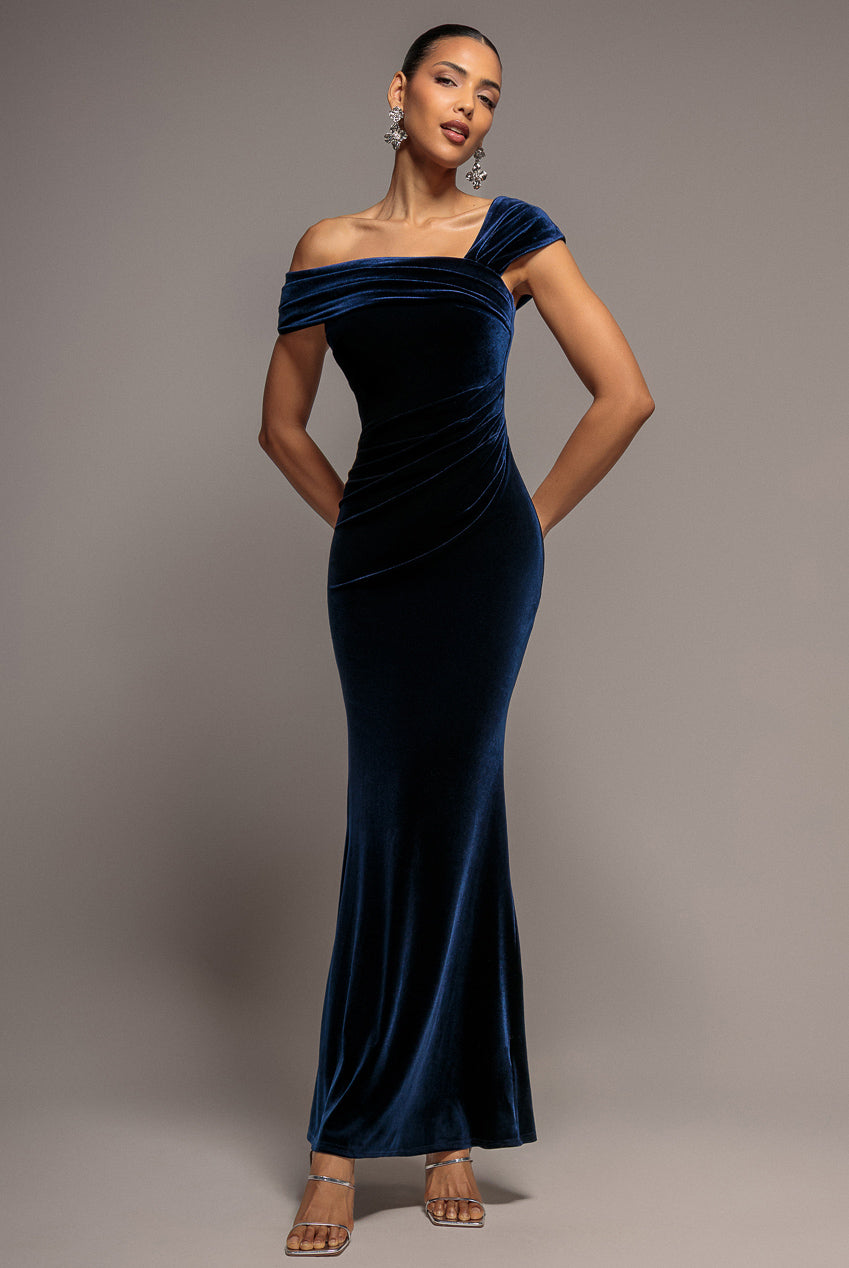 One Shoulder Velvet Maxi Dress - Navy DR4578