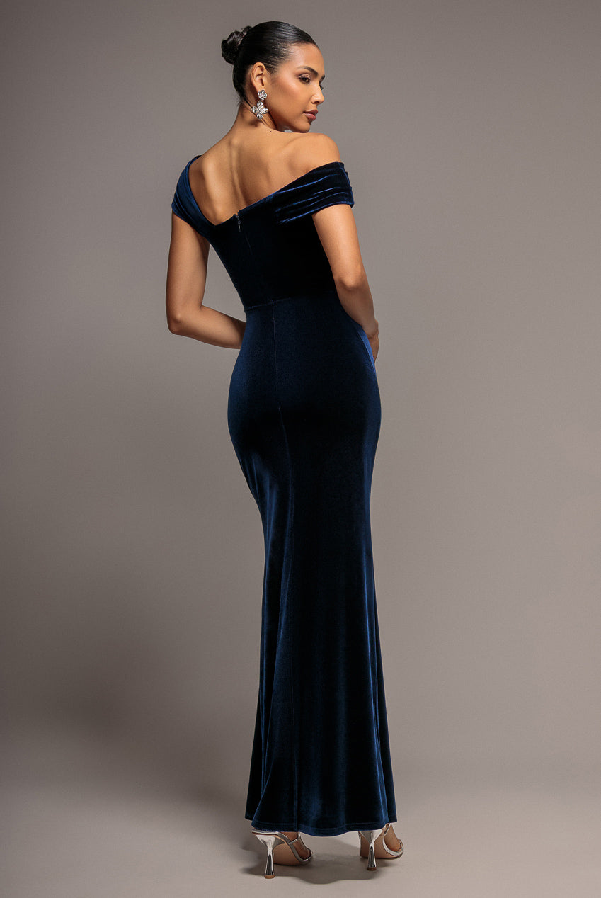 One Shoulder Velvet Maxi Dress - Navy DR4578