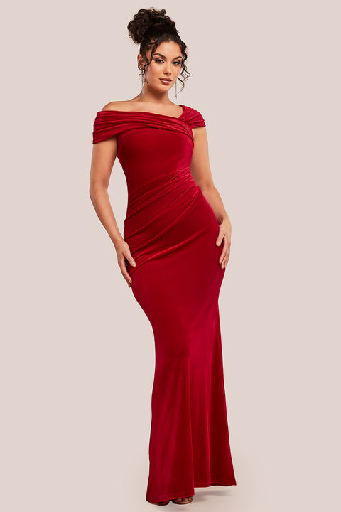 One Shoulder Velvet Maxi Dress - Red by Goddiva