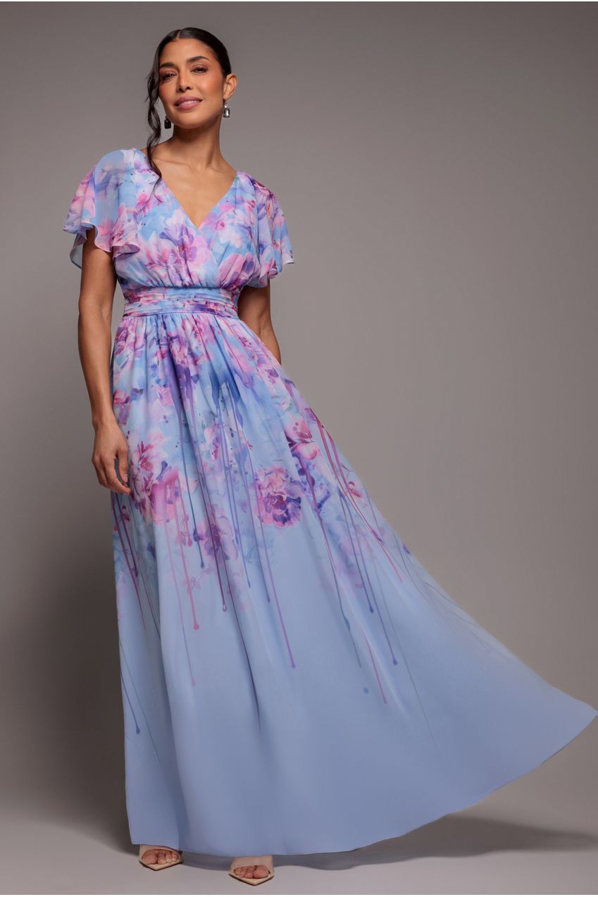 Printed Silky Chiffon Flutter Sleeve Maxi Dress - Blue DR4579