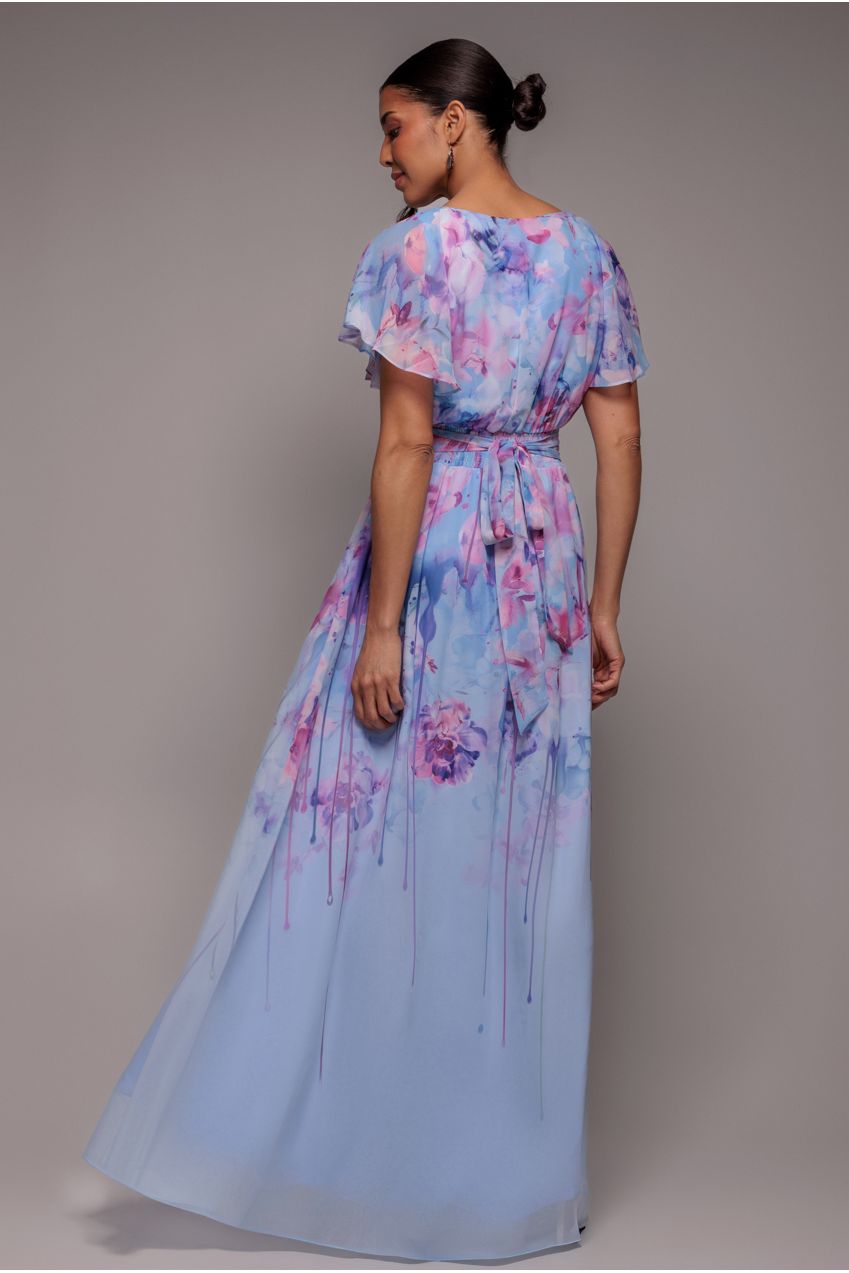 Printed Silky Chiffon Flutter Sleeve Maxi Dress - Blue DR4579