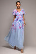 Printed Silky Chiffon Flutter Sleeve Maxi Dress - Blue by Goddiva