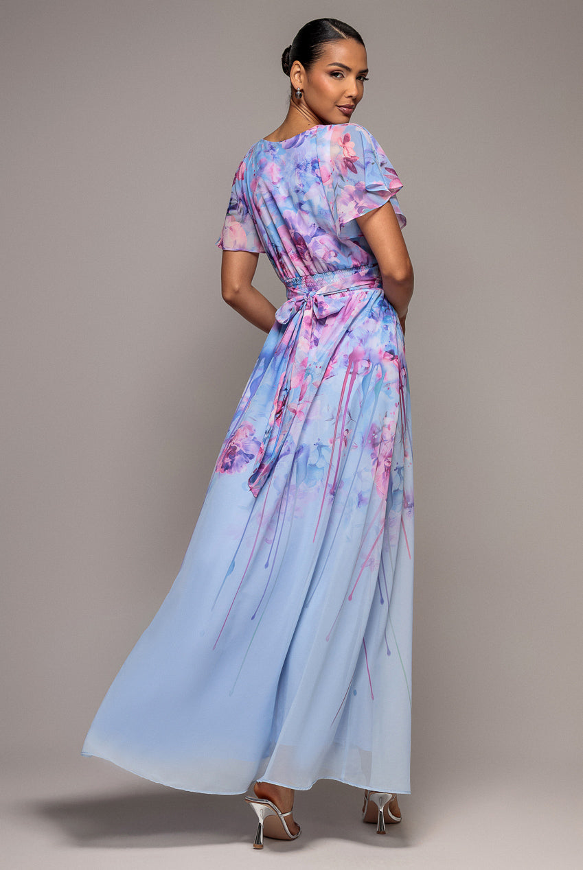 Printed Silky Chiffon Flutter Sleeve Maxi Dress - Blue DR4579