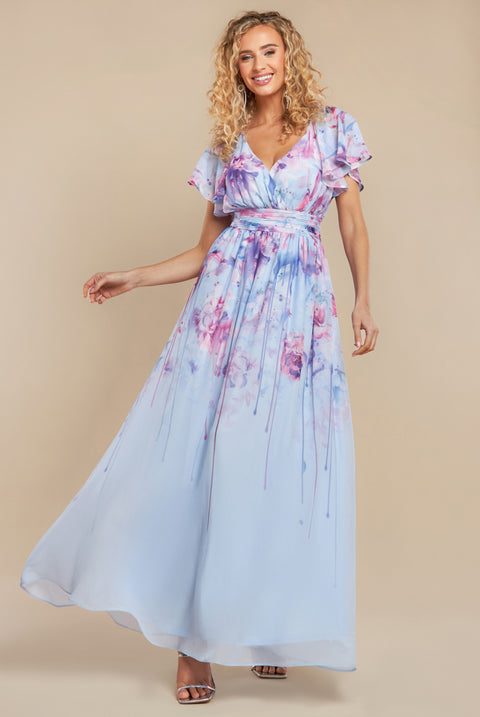 Printed Silky Chiffon Flutter Sleeve Maxi Dress - Blue by Goddiva