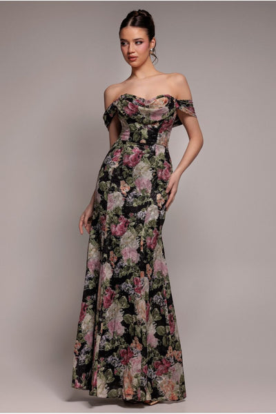 Black - Cowl Neck Floral Print Jacquard Chiffon Maxi Dress - Black by Goddiva