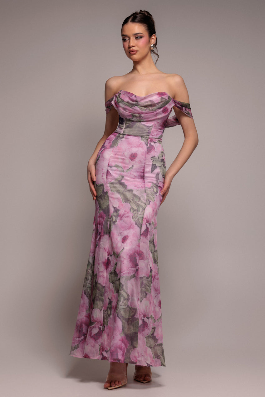 Cowl Neck Floral Print Jacquard Chiffon Maxi Dress - Blush Pink DR4583