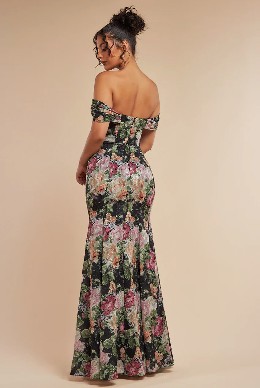 Cowl Neck Floral Print Jacquard Chiffon Maxi Dress - Black DR4583