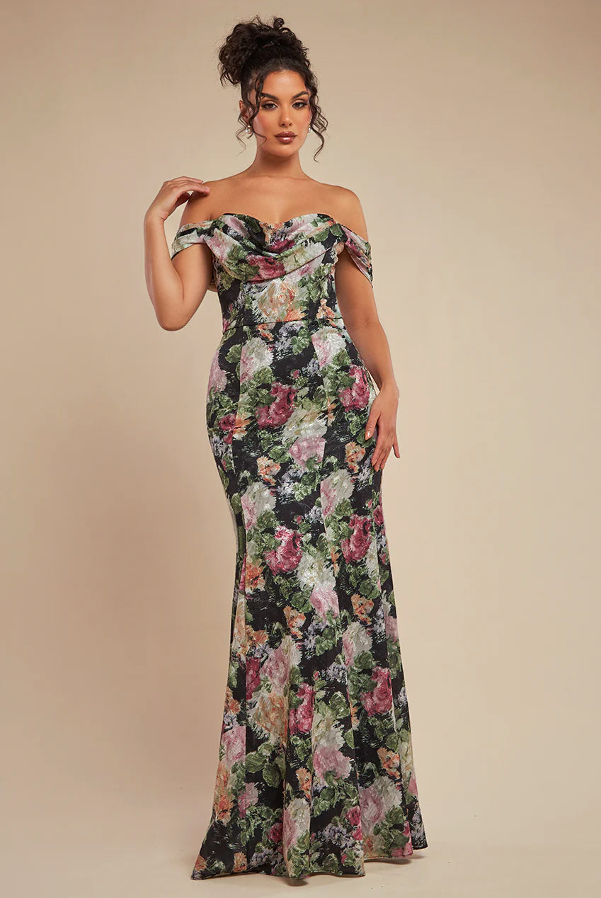 Cowl Neck Floral Print Jacquard Chiffon Maxi Dress - Black DR4583