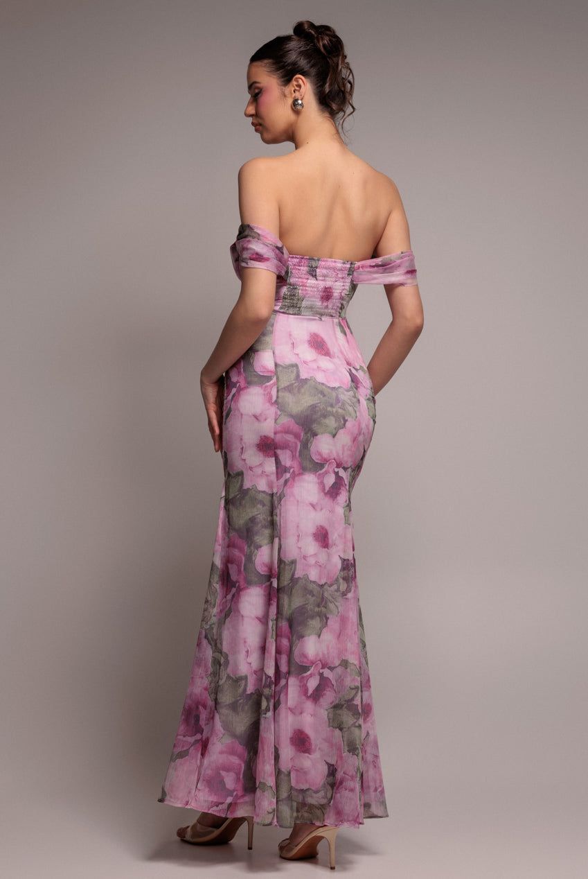 Cowl Neck Floral Print Jacquard Chiffon Maxi Dress - Blush Pink DR4583