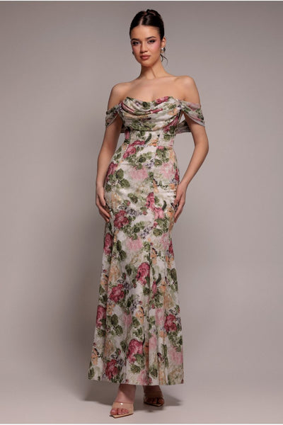 Cowl Neck Floral Print Jacquard Chiffon Maxi Dress - Cream by Goddiva