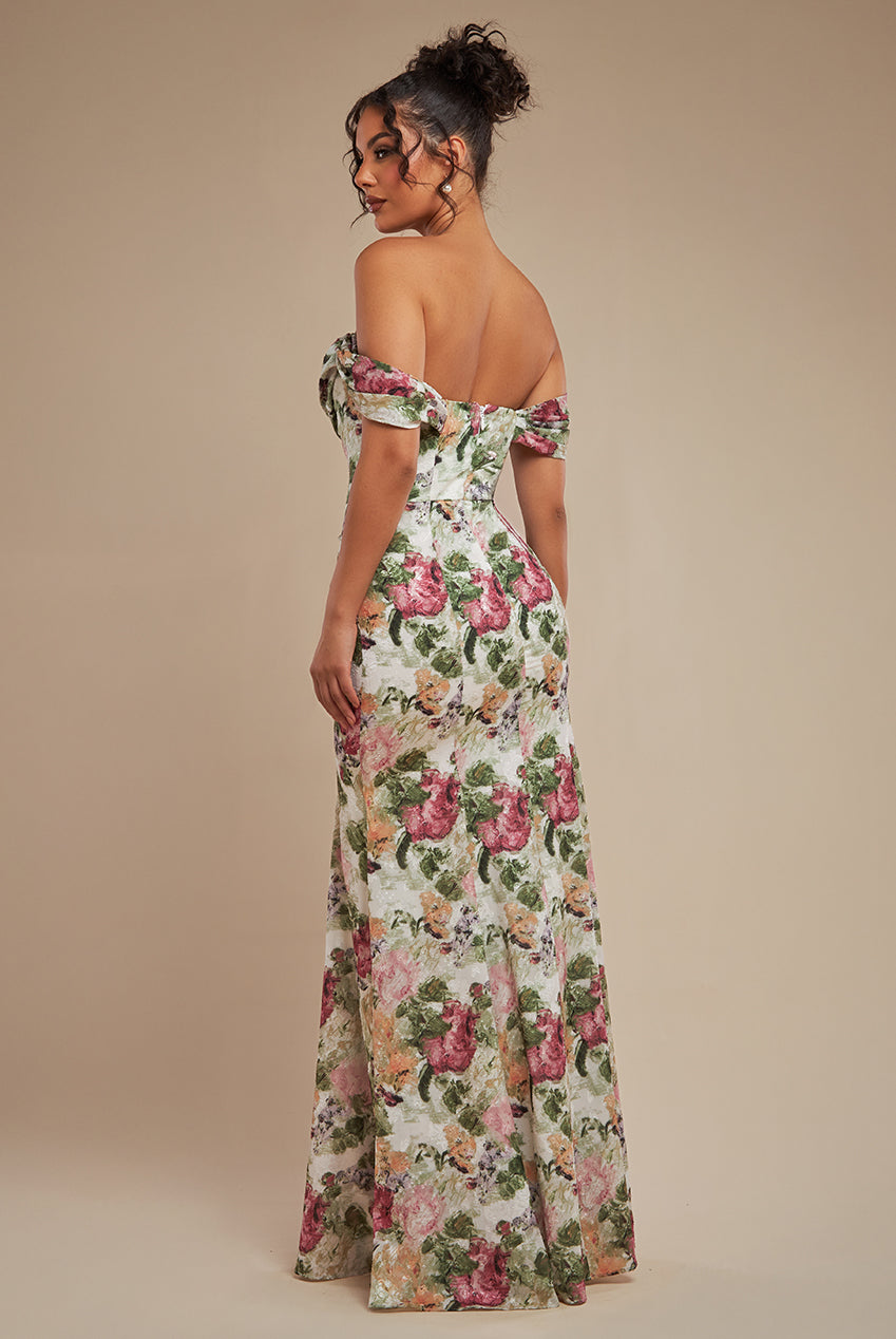 Cowl Neck Floral Print Jacquard Chiffon Maxi Dress - Cream DR4583