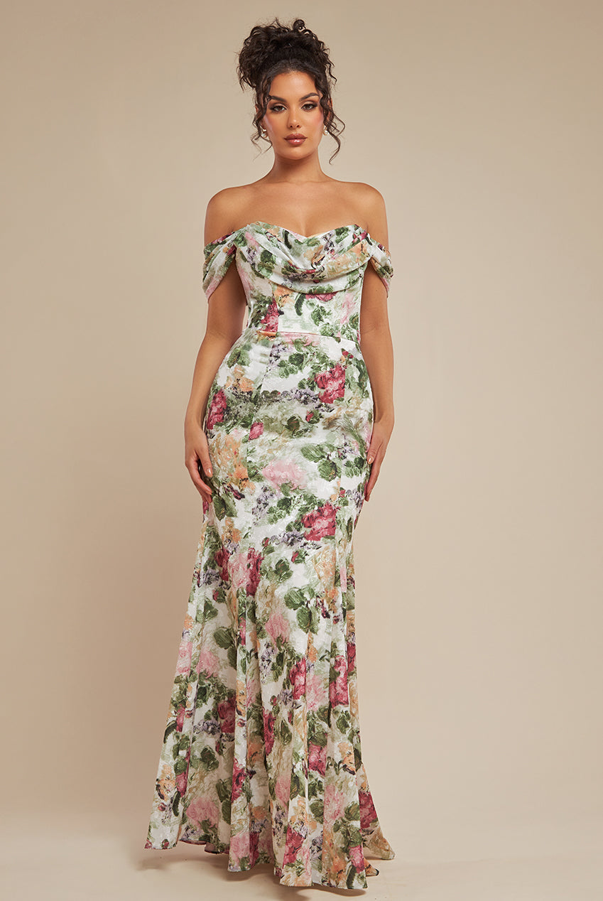 Cowl Neck Floral Print Jacquard Chiffon Maxi Dress - Cream DR4583