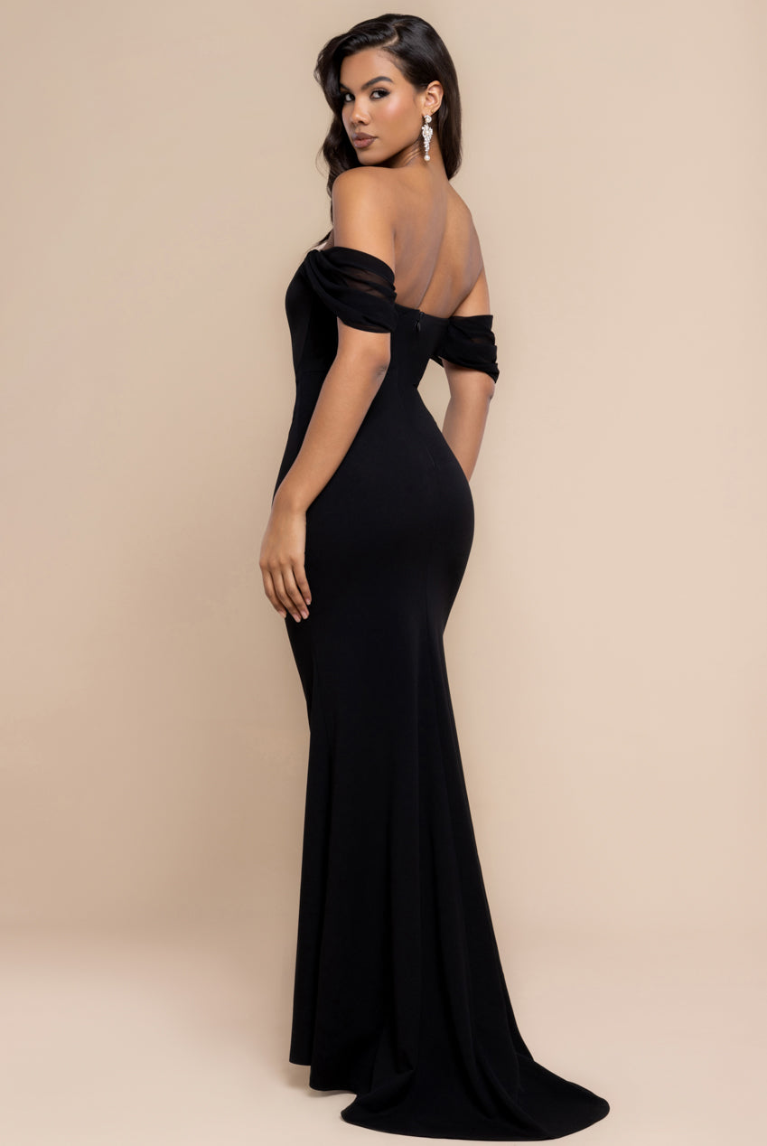 Off The Shoulder Draped Sleeve Maxi Dress With Diamante Neckline - Black DR4588