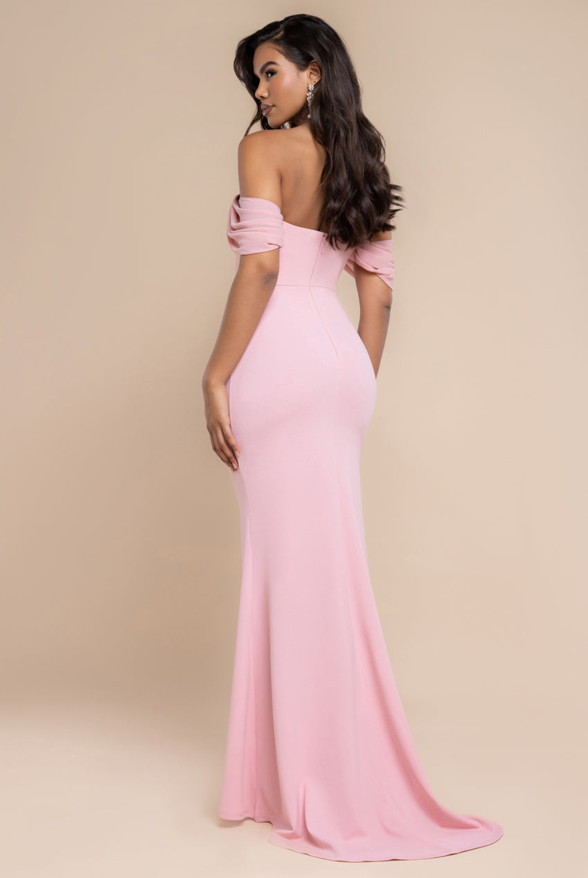 Off The Shoulder Draped Sleeve Maxi Dress With Diamante Neckline - Blush Pink DR4588