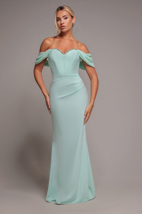 Off The Shoulder Draped Sleeve Maxi Dress With Diamante Neckline - Mint Green by Goddiva
