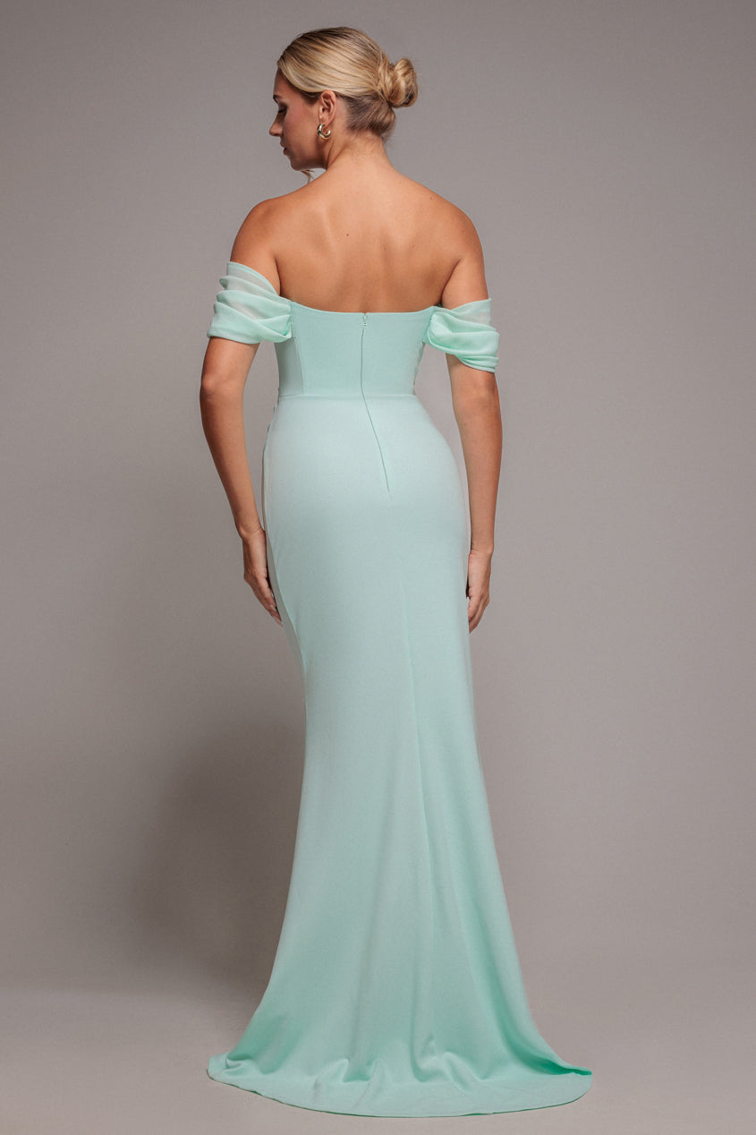 Off The Shoulder Draped Sleeve Maxi Dress With Diamante Neckline - Mint Green DR4588