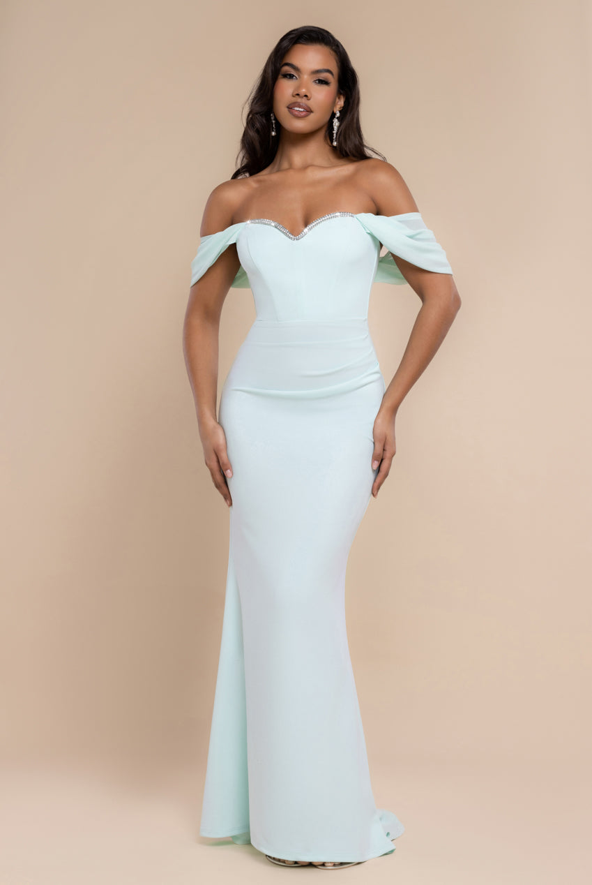 Off The Shoulder Draped Sleeve Maxi Dress With Diamante Neckline - Mint Green DR4588