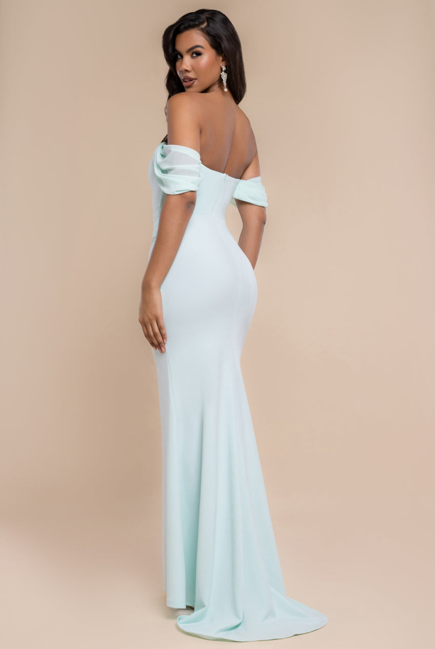 Off The Shoulder Draped Sleeve Maxi Dress With Diamante Neckline - Mint Green DR4588