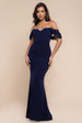 Goddiva Off The Shoulder Draped Sleeve Maxi Dress With Diamante Neckline - Navy Blue