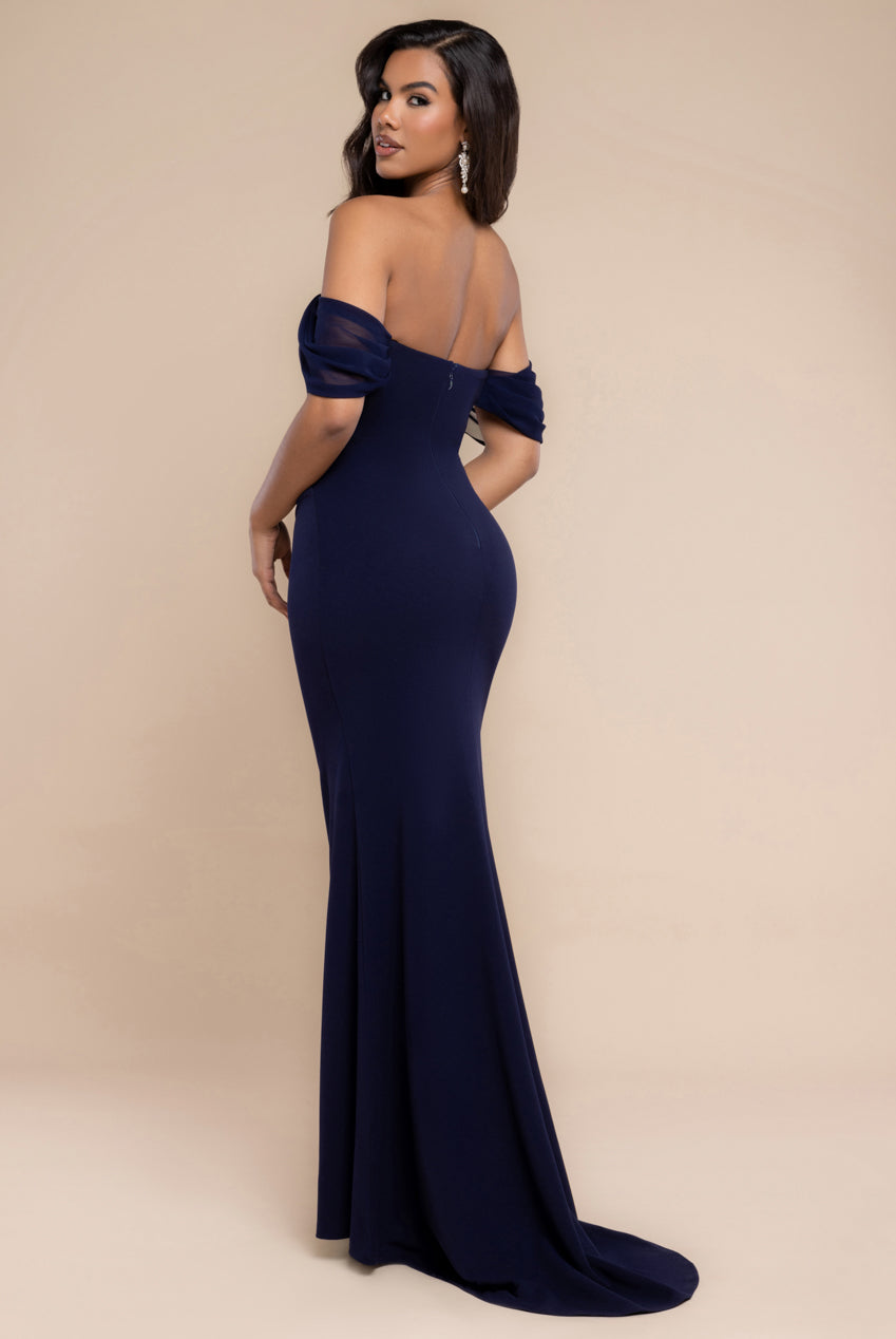 Off The Shoulder Draped Sleeve Maxi Dress With Diamante Neckline - Navy Blue DR4588