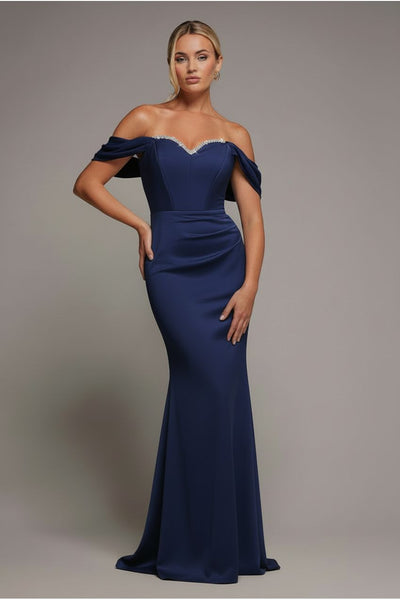 Navy - Off The Shoulder Draped Sleeve Maxi Dress With Diamante Neckline - Navy Blue by Goddiva
