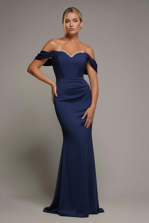 Off The Shoulder Draped Sleeve Maxi Dress With Diamante Neckline - Navy Blue by Goddiva